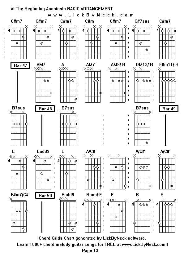 Chord Grids Chart of chord melody fingerstyle guitar song-At The Beginning-Anastasia-BASIC ARRANGEMENT,generated by LickByNeck software.